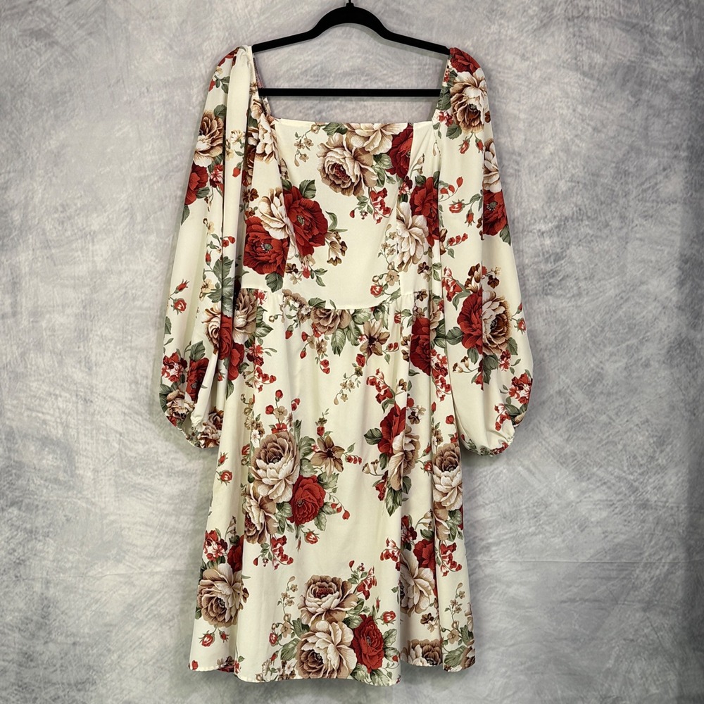 Romantic Floral Square Neck Smocked  Balloon Sleeve Dress‎ sz 2XL Milkmaid